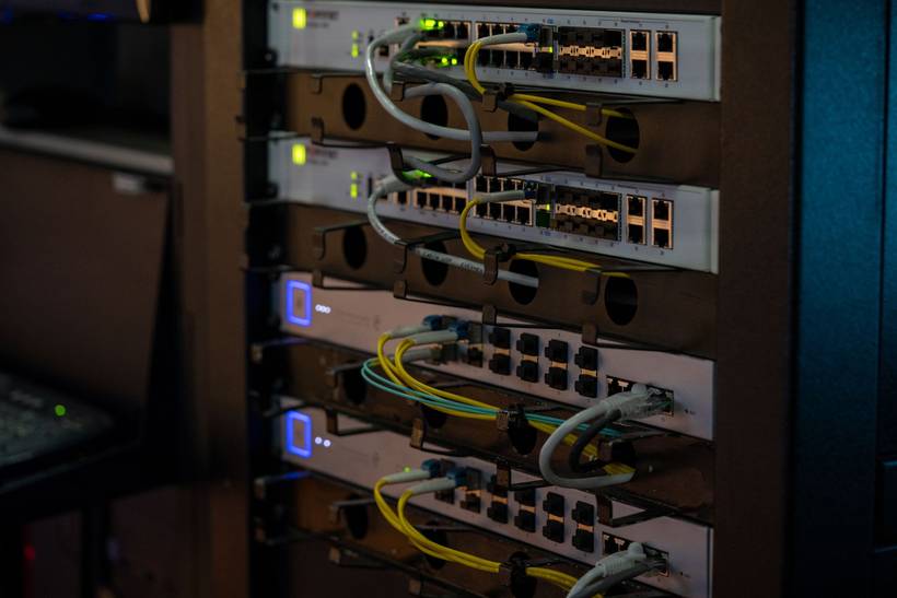 Server rack with network switches and cabling
